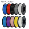 A set of ten black and colored PLA filaments in spools for 3D printing.