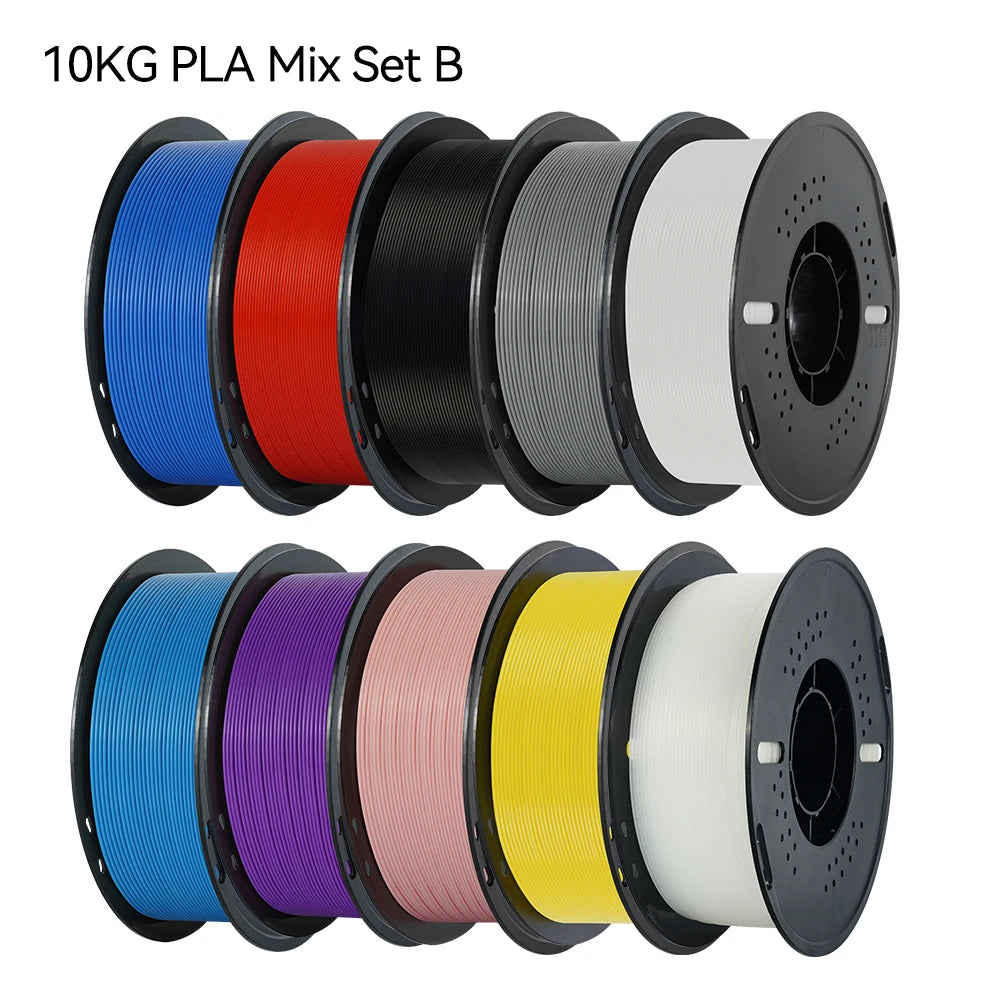 A set of ten black and colored PLA filaments in spools for 3D printing.