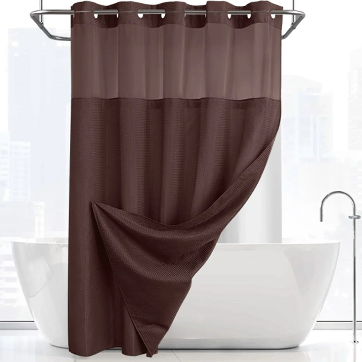Double-Layer Waffle Shower Curtain with Built-in Snap Liner