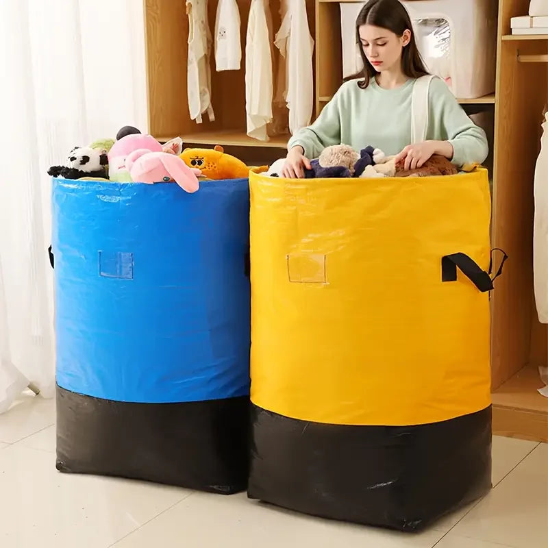 A pair of heavy-duty storage bags, one blue and one yellow, used for storing items like comforters or clothing.