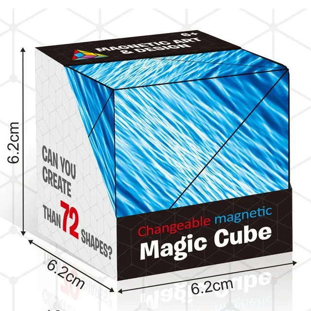 A blue magnetic magic cube with a black lid, showing its geometric puzzle design.