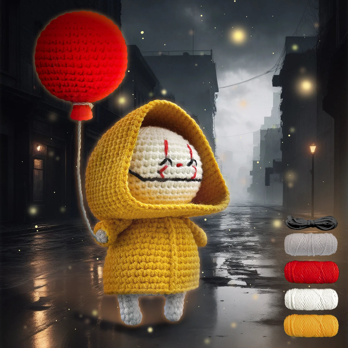 A crocheted yellow animal figure wearing a hood and holding a red lantern in a dark, misty street setting.