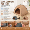 A tan pet tent with a mesh entrance and reversible cushion shown in various angles.