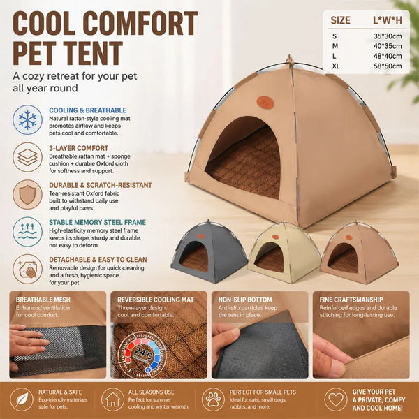 A tan pet tent with a mesh entrance and reversible cushion shown in an outdoor setting.