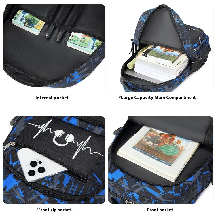Wasserfeste Graffiti-Rucksack mit verschiedenen internen und externen Taschen und Fächern.