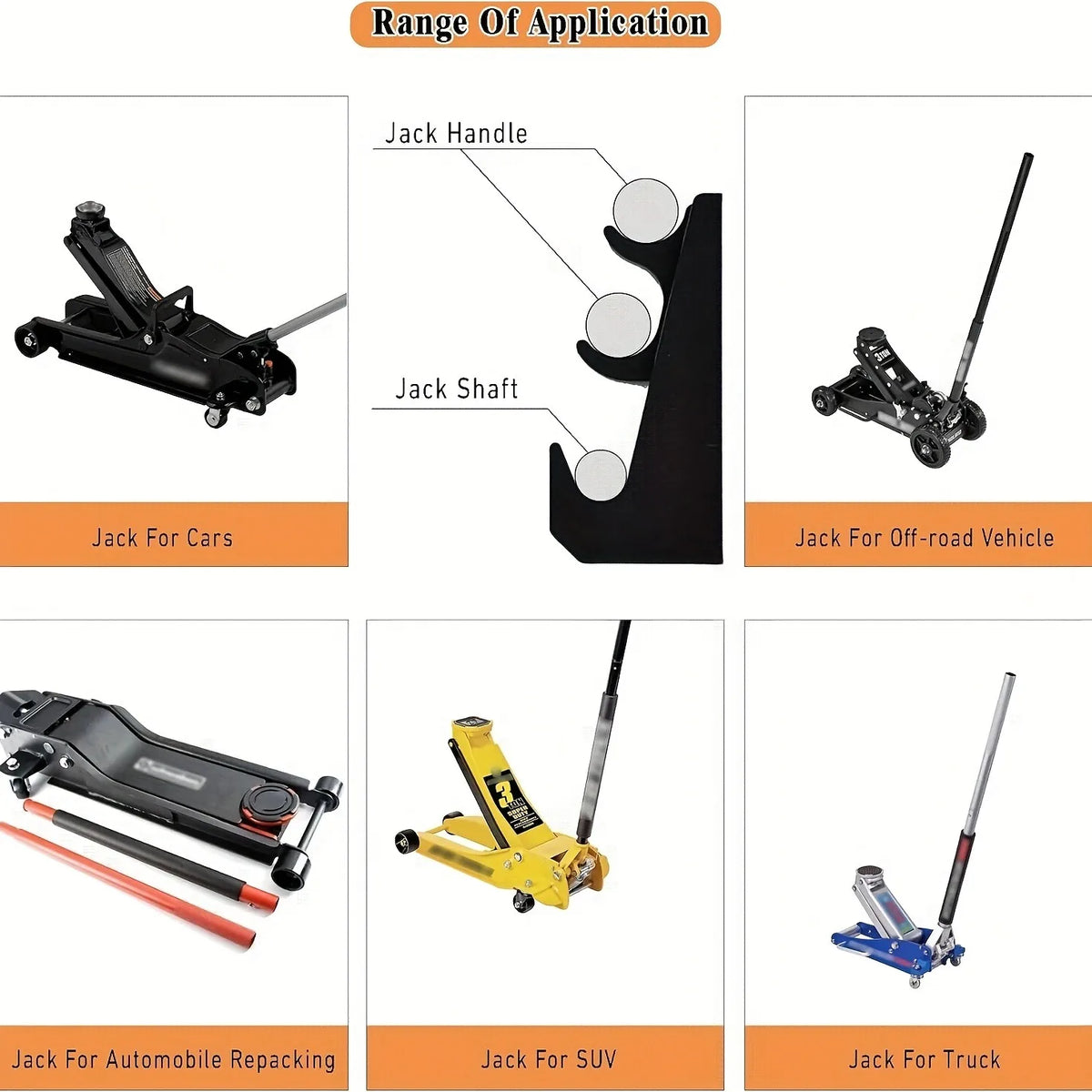 Image showing various heavy-duty floor jack stands and jack handles for cars, off-road vehicles, SUVs, and trucks.
