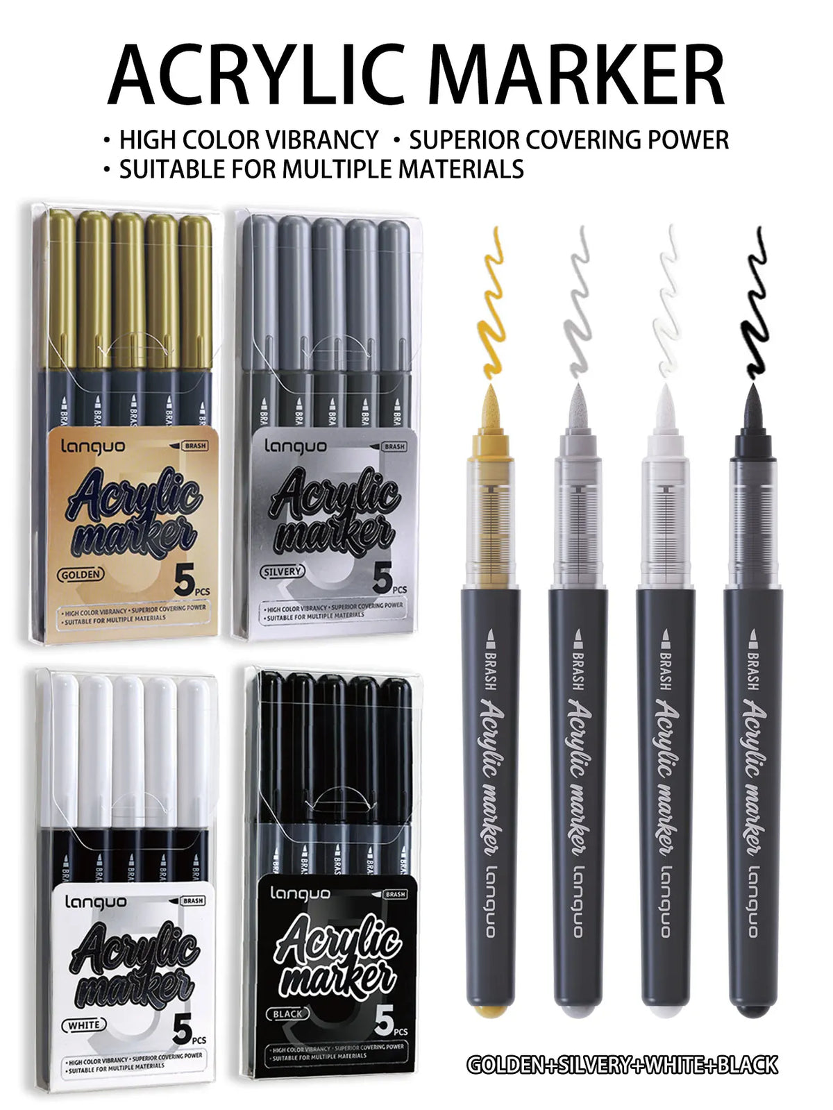Acrylic marker set featuring 9 colors including gold, silver, white, and black markers with fine tips.