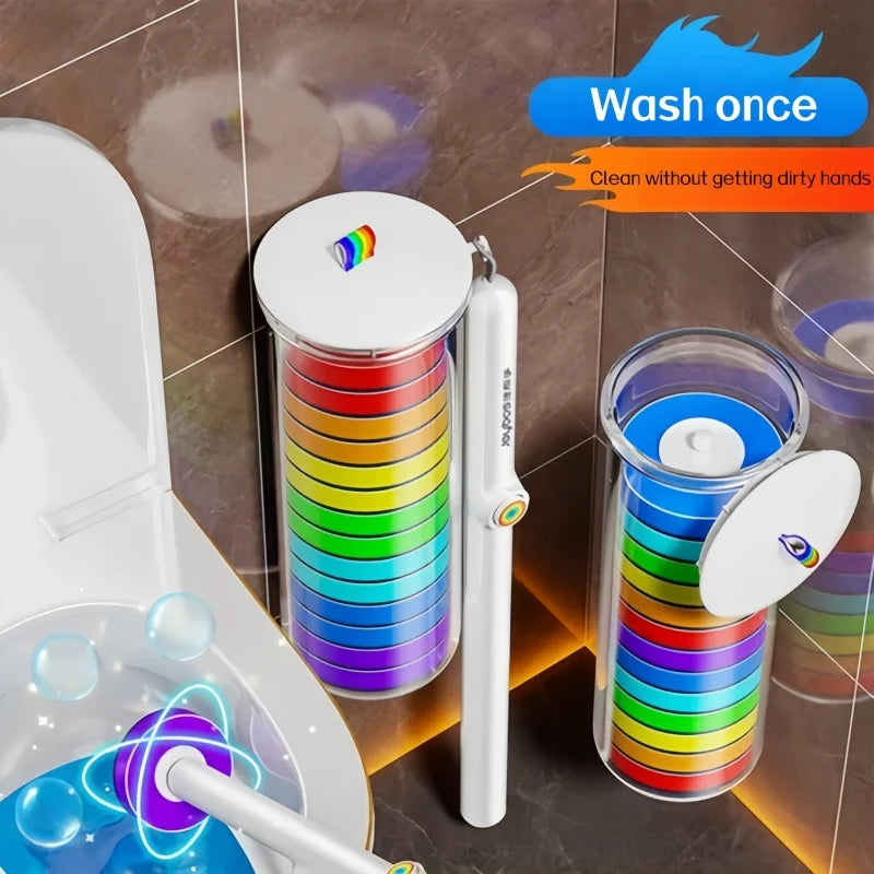 A long handle toilet brush set with colorful disposable heads and a wall-mounted holder shown next to a toilet bowl.