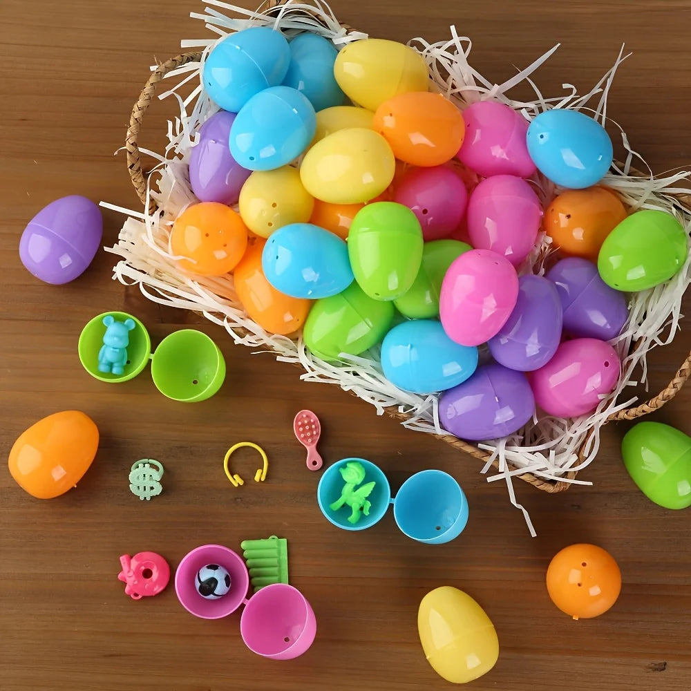 A collection of colorful plastic Easter eggs in various shades of blue, yellow, pink, and green are displayed in a woven bask