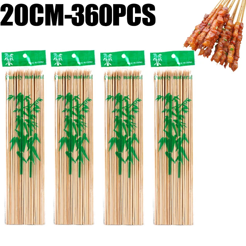 A set of 360 natural bamboo skewers with green tips for BBQ and grilling.