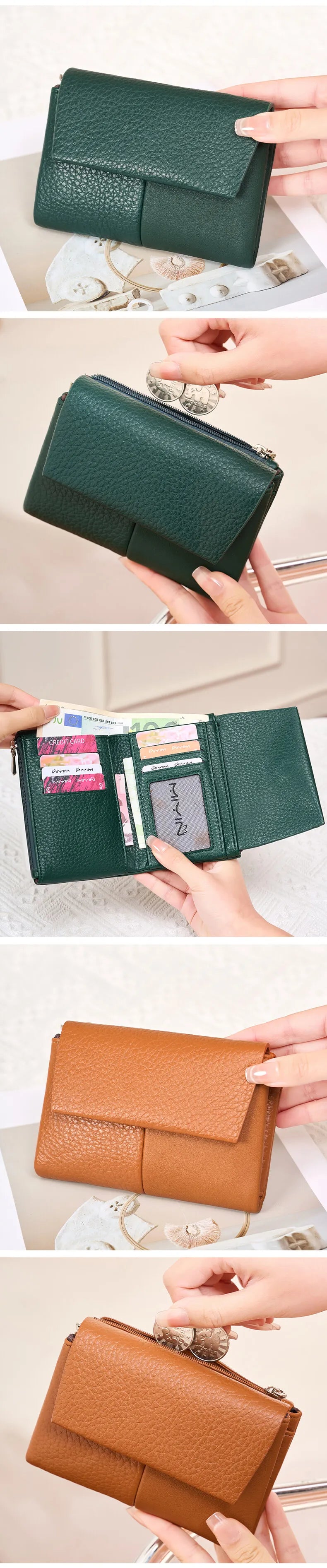 A close-up of a dark green tri-fold wallet with a zipper pocket and a brown leather wallet.