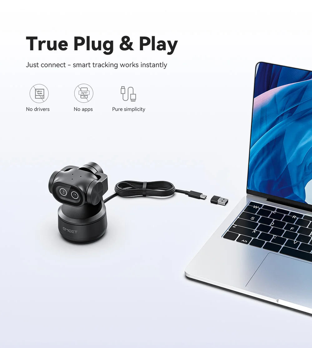 A black plug and play webcam is shown connected to a laptop, demonstrating simple plug and play functionality.