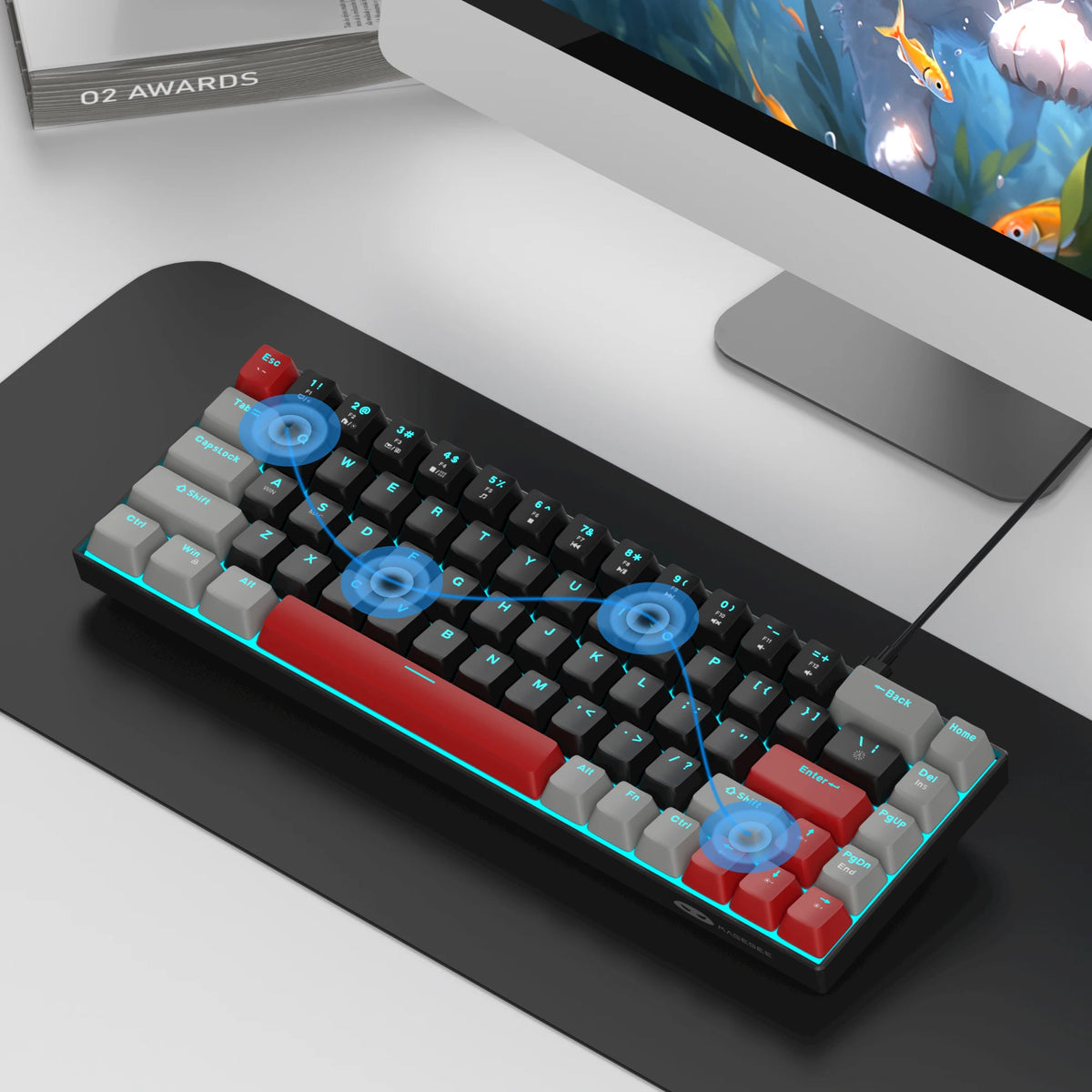 A close-up view of a compact mechanical gaming keyboard with illuminated blue and red switches and keycaps.