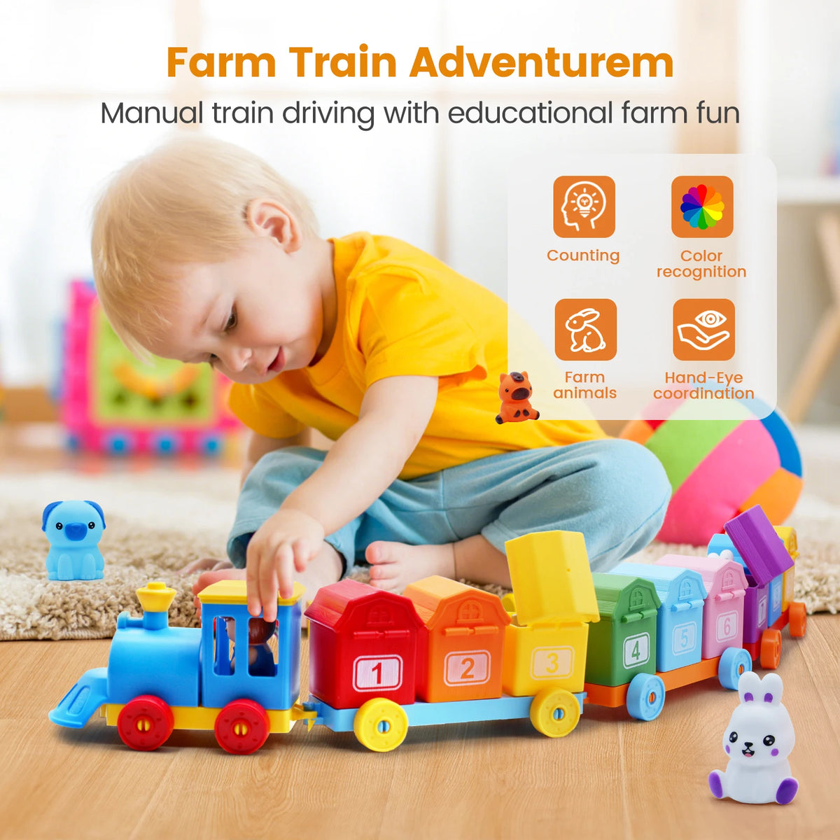 Farm Animal Counting Train with Lockable Barns