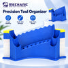 A blue precision tool organizer rack designed for storing various repair tools and electronics.