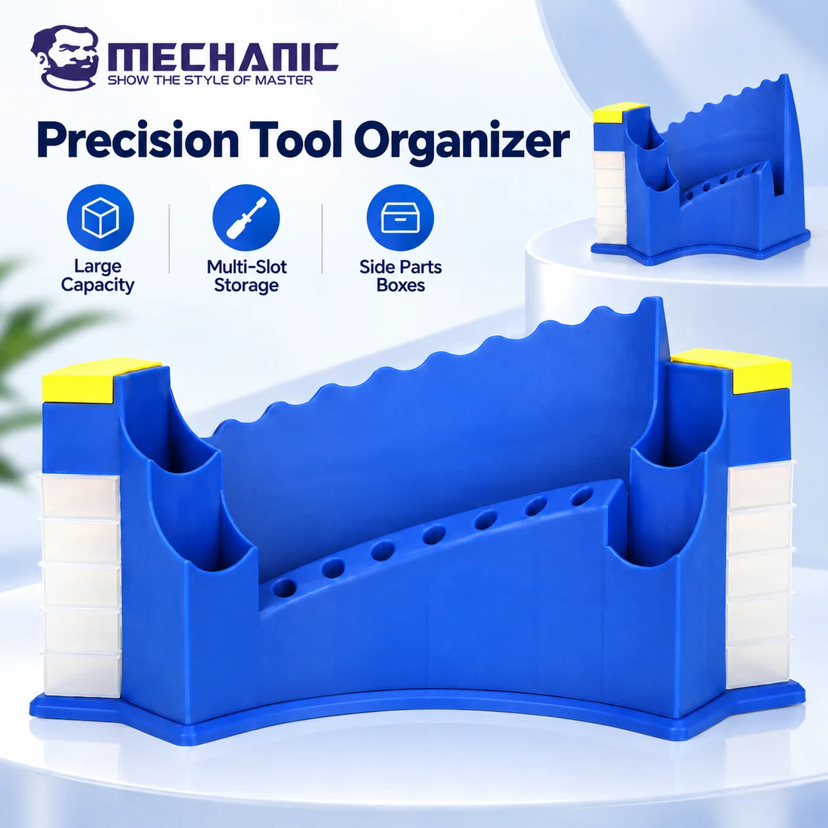 A blue precision tool organizer rack designed for storing various repair tools and electronics.