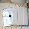 A white slim protective case for an iPad with built-in slots for a stylus or pencil.