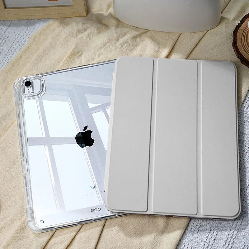 A white slim protective case for an iPad with built-in slots for a stylus or pencil.