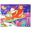 A colorful wooden jigsaw puzzle featuring Santa Claus riding a sleigh over a snowy night landscape.