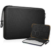 Black EVA protective laptop sleeve with shockproof padding shown open and closed.