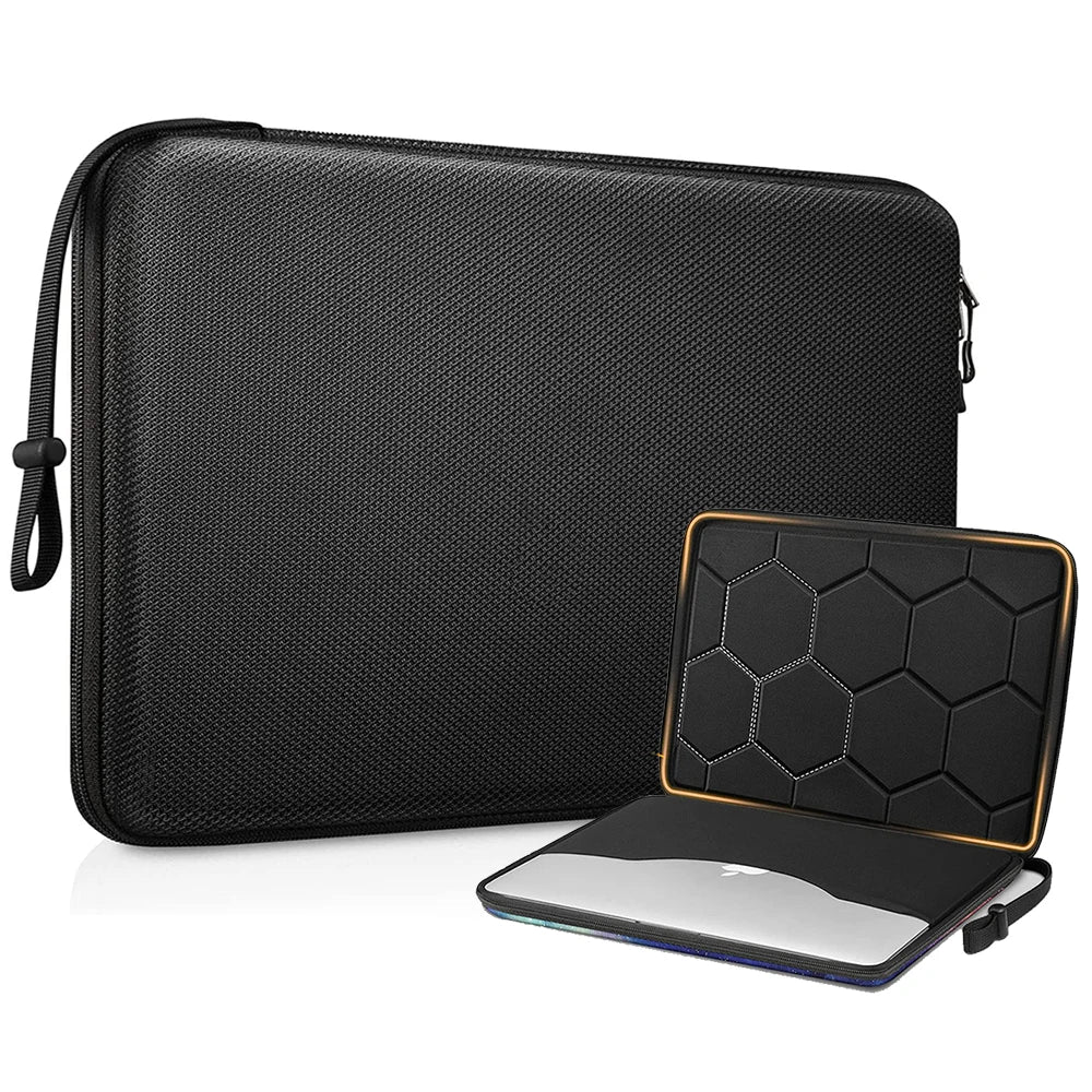 Black EVA protective laptop sleeve with shockproof padding shown open and closed.