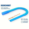 A blue flexible vacuum hose for dryer vent cleaning, showing its total length and suitability for various vacuums.