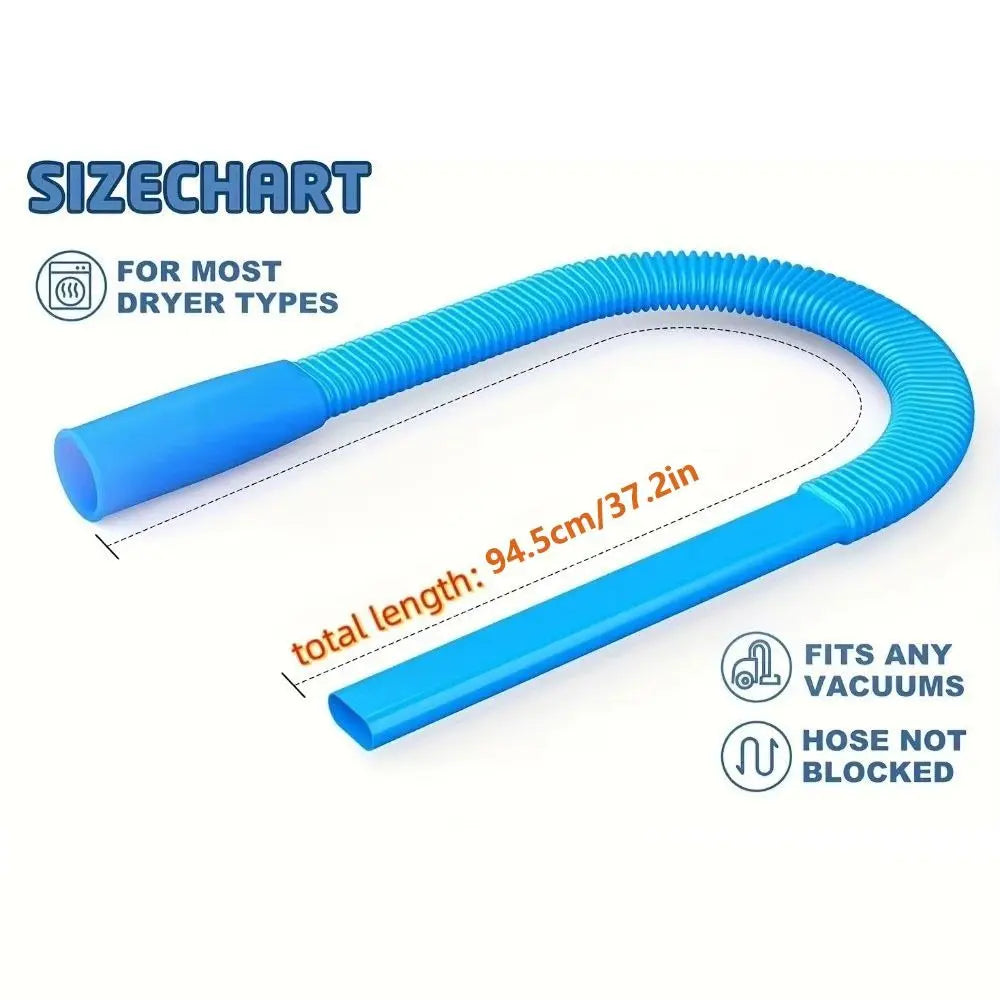 A blue flexible vacuum hose for dryer vent cleaning, showing its total length and suitability for various vacuums.