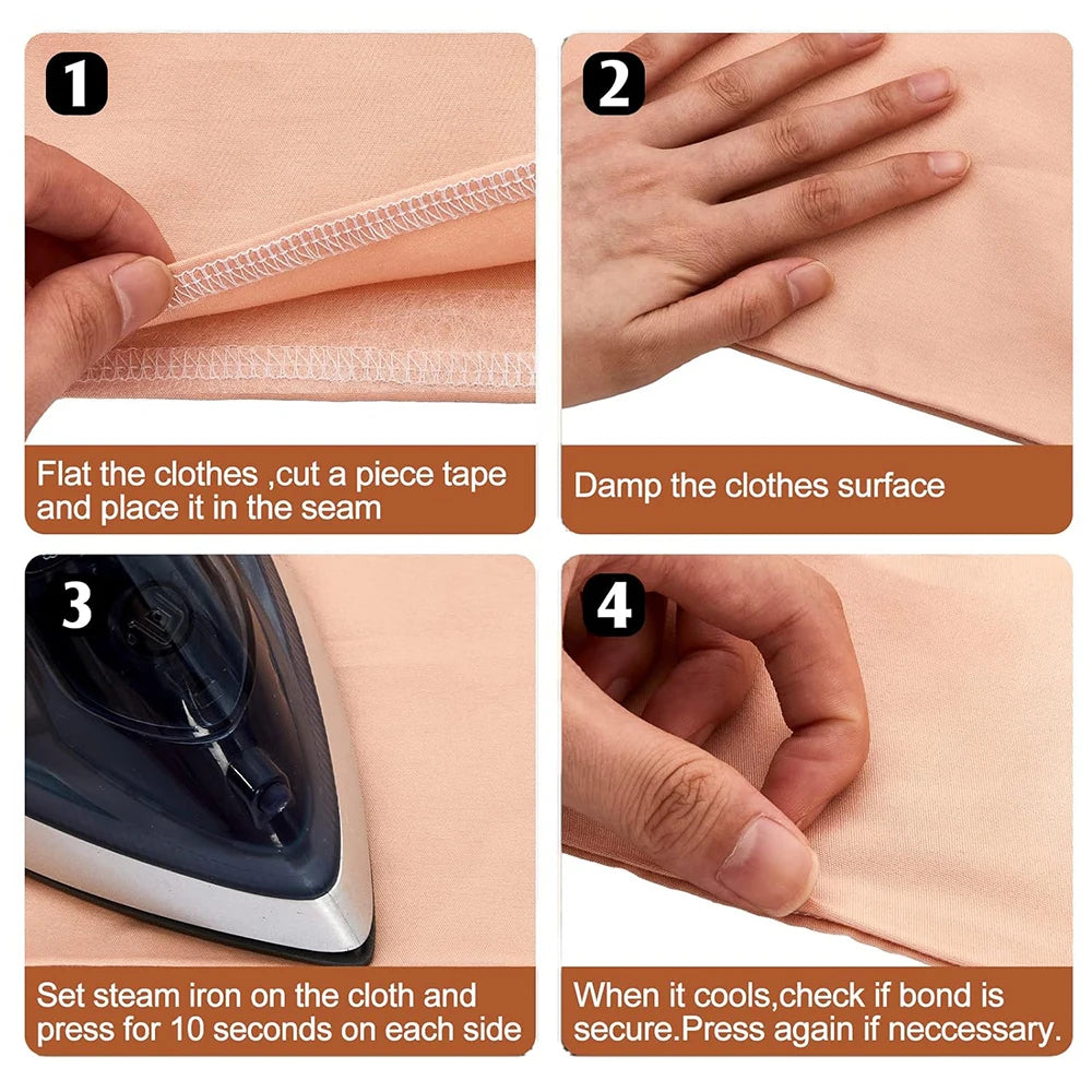Instructions showing how to use an iron-on hemming tape for clothing repair, including cutting and applying the tape.