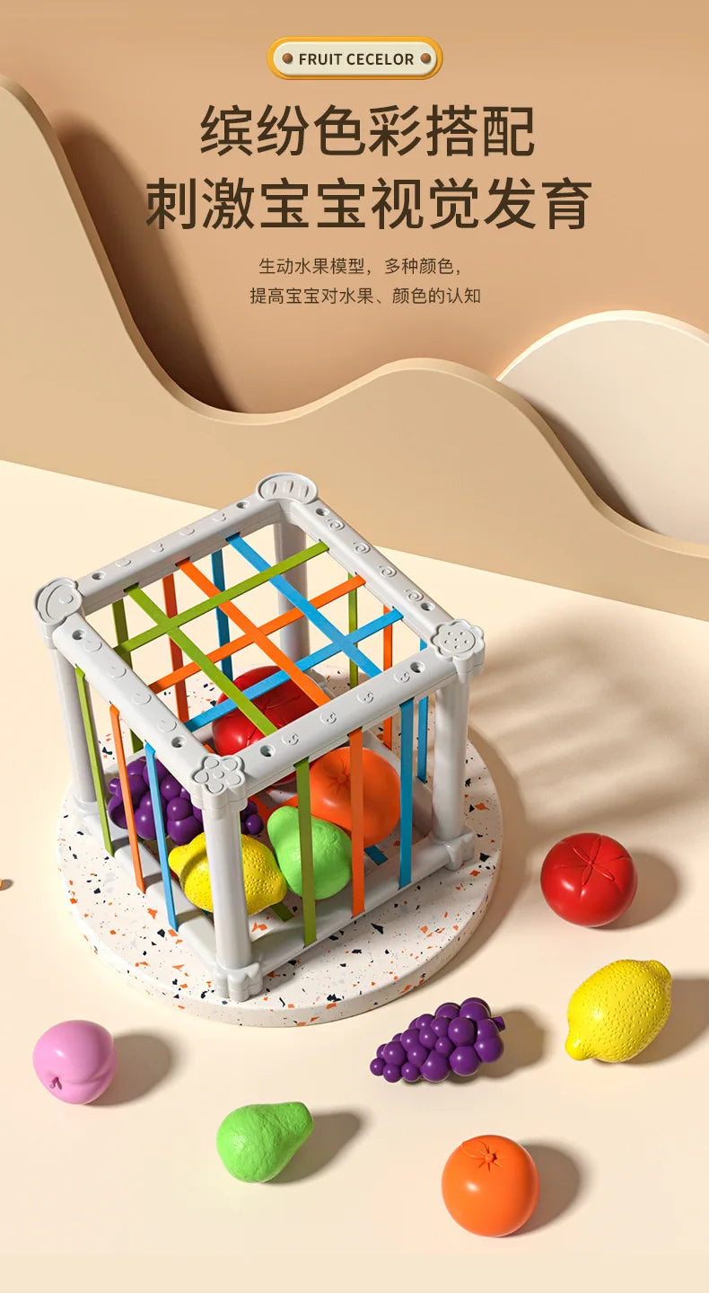 A white cube shaped like a house is filled with colorful fruit shapes, demonstrating a rainbow color sorting toy.