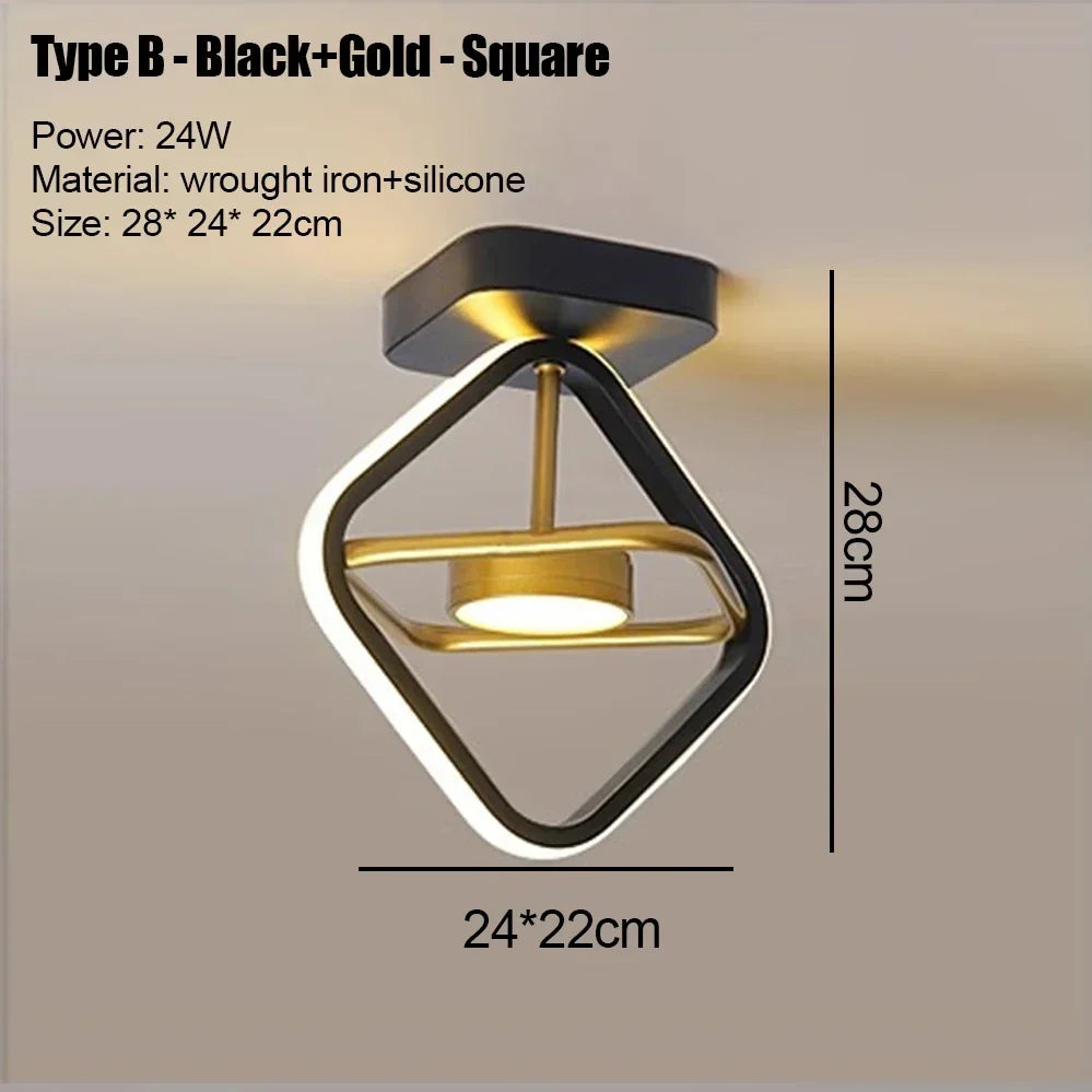 A black and gold square modern LED ceiling light fixture with a warm glow.