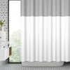 A shower curtain featuring a two-tone geometric stripe pattern of gray and white.