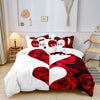 A red rose floral duvet cover set featuring a large heart design on a white background.