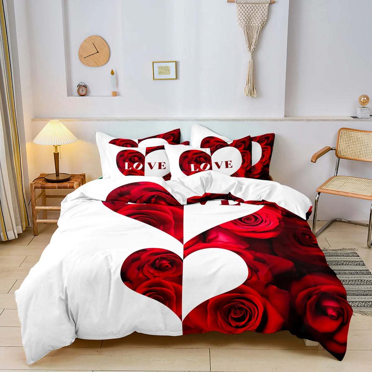 A red rose floral duvet cover set featuring a large heart design on a white background.