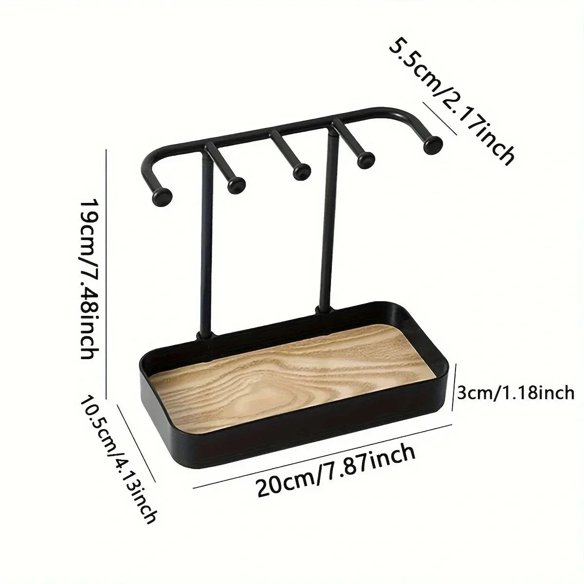 Black jewelry display rack featuring a drawer and a wooden base with hanging rods.