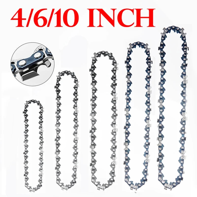 Set of replacement chainsaw chains for 4, 6, and 10-inch electric saws shown in various lengths.