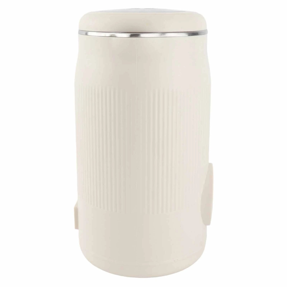 A white electric nut milk maker with a silver rim and ribbed body.