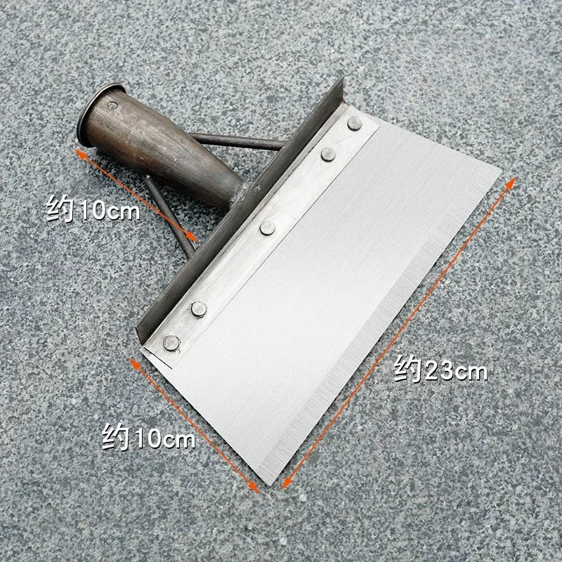 A silver metal cleaning shovel with a wooden handle is shown against a gray background, indicating its dimensions.