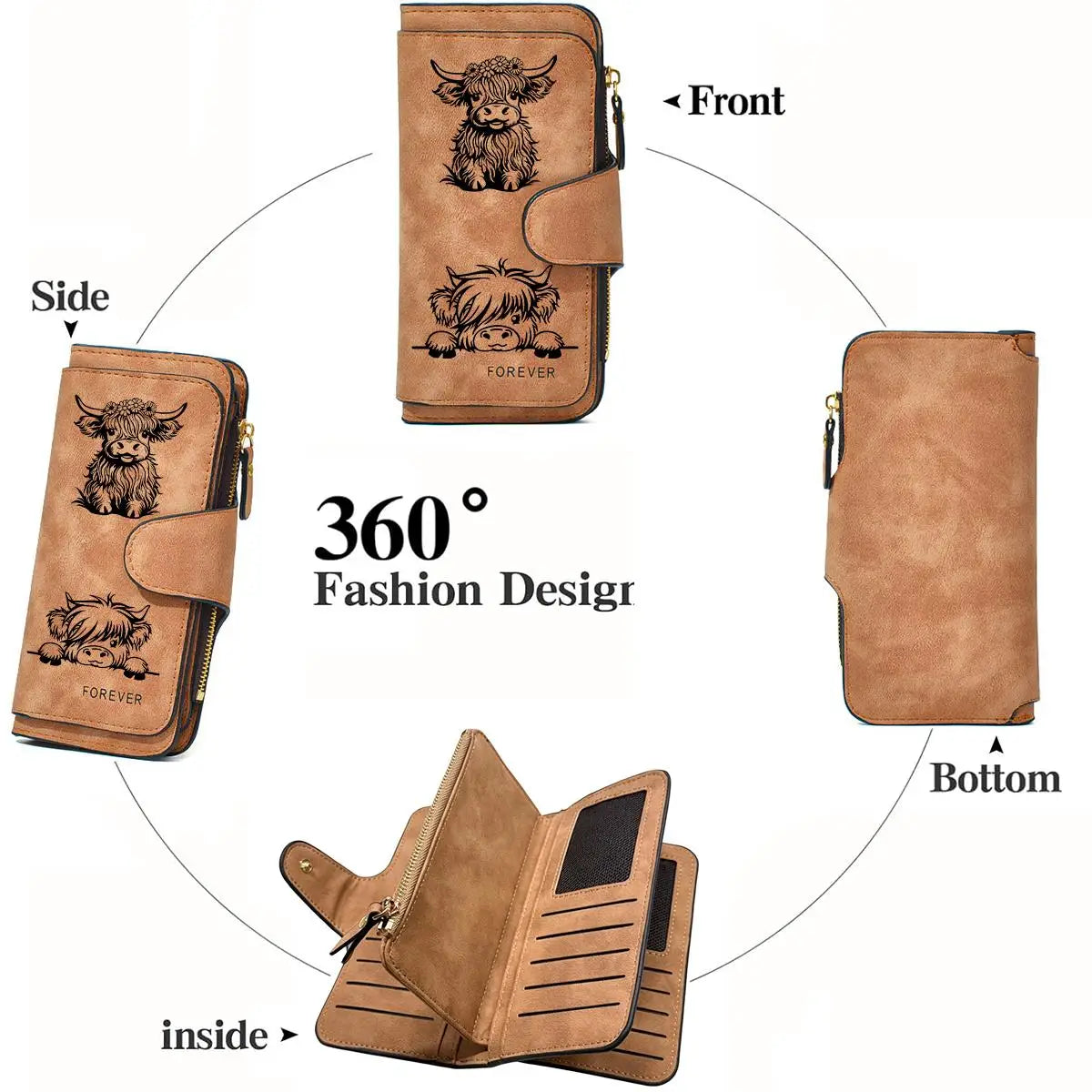 Adorable Highland Cow Long Wallet with Zipper Closure