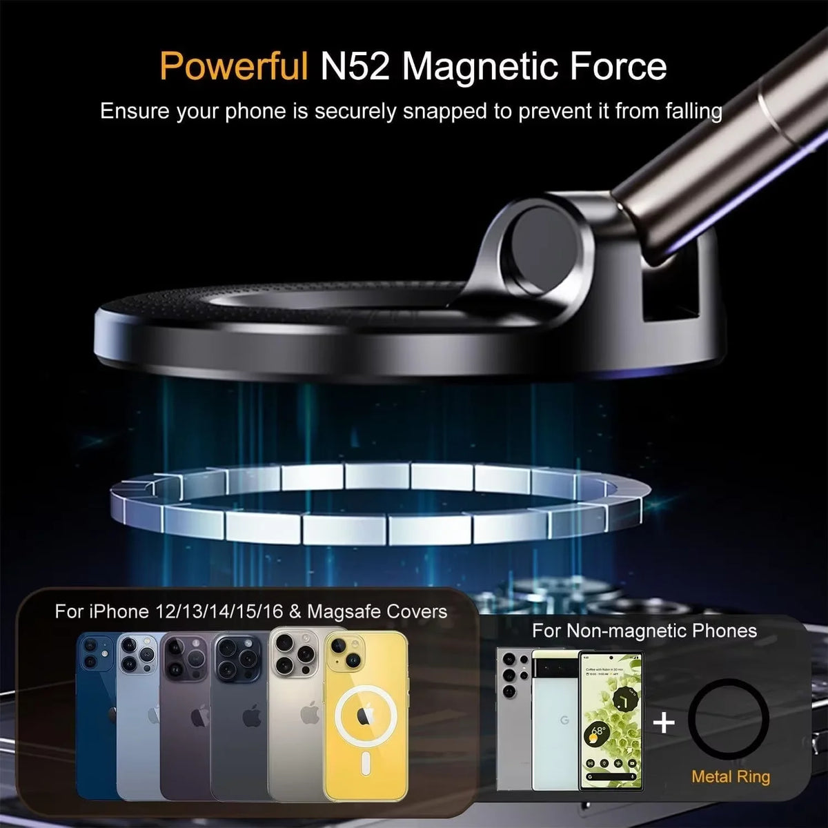 A magnetic phone mount is shown securing an iPhone case onto a metal ring for safe phone support.