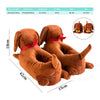 A pair of brown plush slippers shaped like a dachshund dog house, shown with a close-up of the ears.