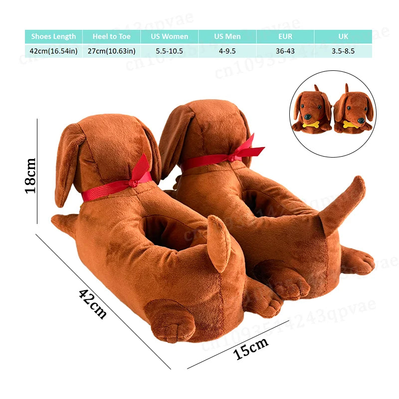 A pair of brown plush slippers shaped like a dachshund dog house, shown with a close-up of the ears.