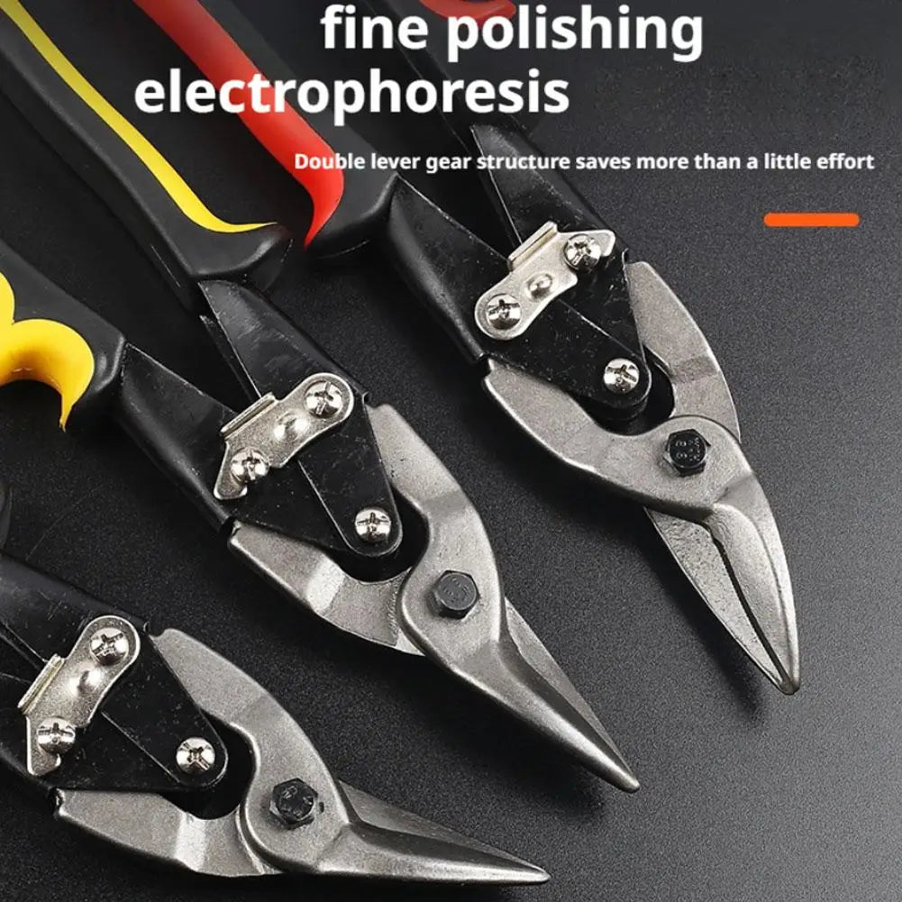 Close-up view of fine polishing electrophoresis pliers and heavy-duty aviation snips for sheet metal cutting tools