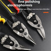Close-up view of fine polishing electrophoresis pliers and heavy-duty aviation snips for sheet metal cutting tools