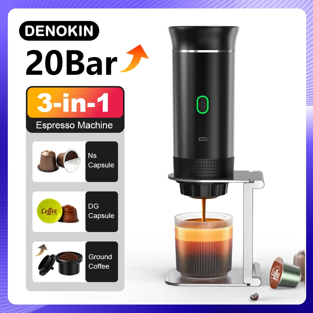 A black 3-in-1 espresso machine with a built-in grinder and drip tray, shown making coffee in a glass.
