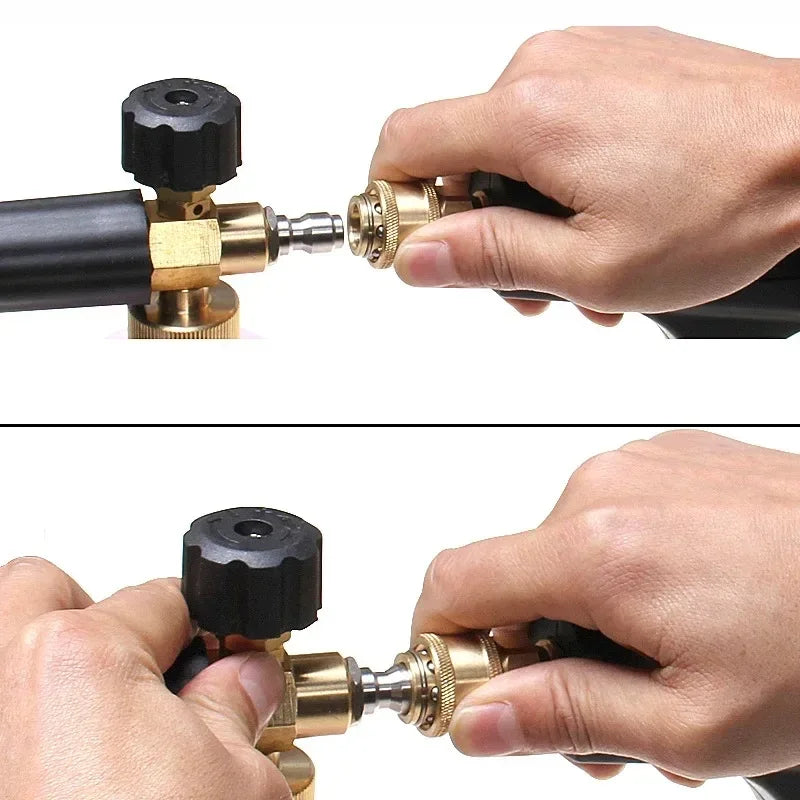 A hand is assembling a high-pressure foam lance car washer by connecting a black and gold fitting.