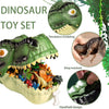 A green dinosaur toy set featuring a figurine and an open storage box displaying various dinosaur figures.