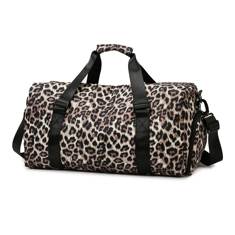A black leopard print travel tote bag with handles and a shoe compartment.