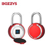 A close-up view of a red and silver fingerprint pad lock with a metal shackle.