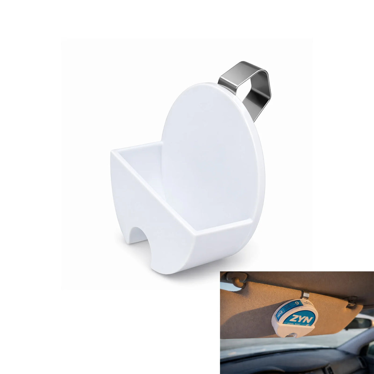 White car sun visor can holder with a metal belt clip attached