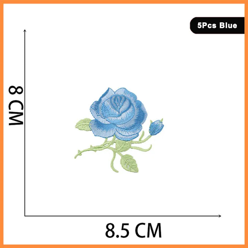 Blue rose embroidery patch with green stem and leaves